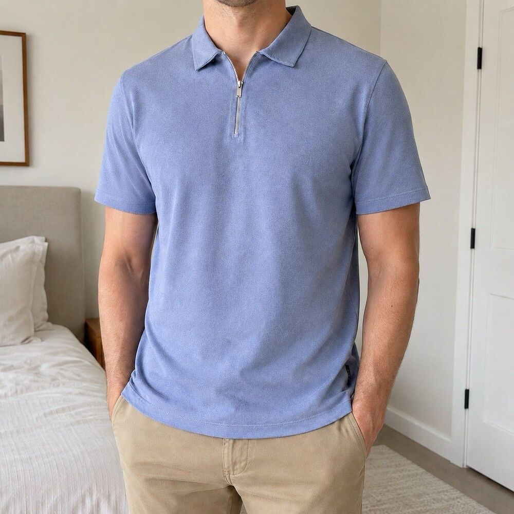 Rare Rabbit Polo Shirt Mens Small Dusky Blue Quarter Zip Diamond Knit